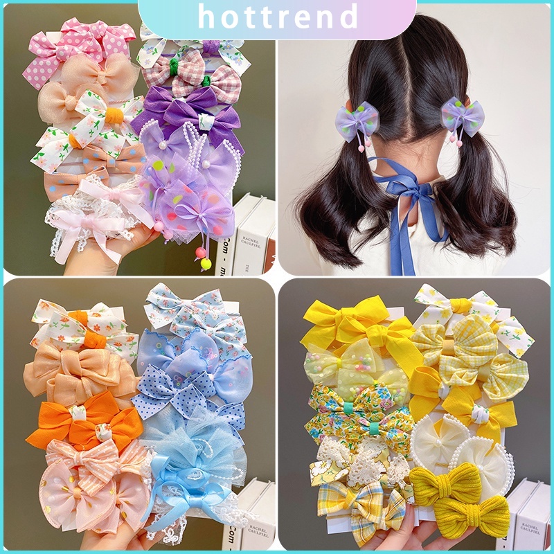 Bộ 10 Dây Buộc Tóc Cao Su Co Giãn Đính Nơ Hoa Dễ Thương Phong Cách Hàn Quốc Cho Bé Gái