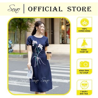 SONO - Đầm linen có tay vẽ hoa ly trắng