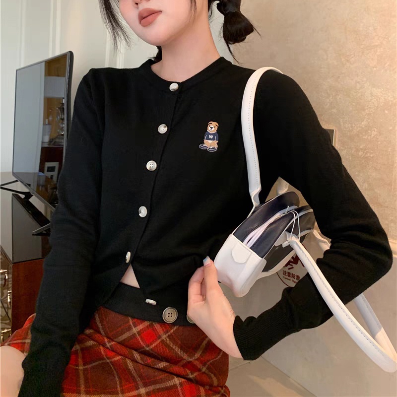 IELGY Tay Dài Dáng Rộng Thêu Hình Gấu Kèm Áo Khoác cardigan Nhỏ Thời Trang Cho Nữ