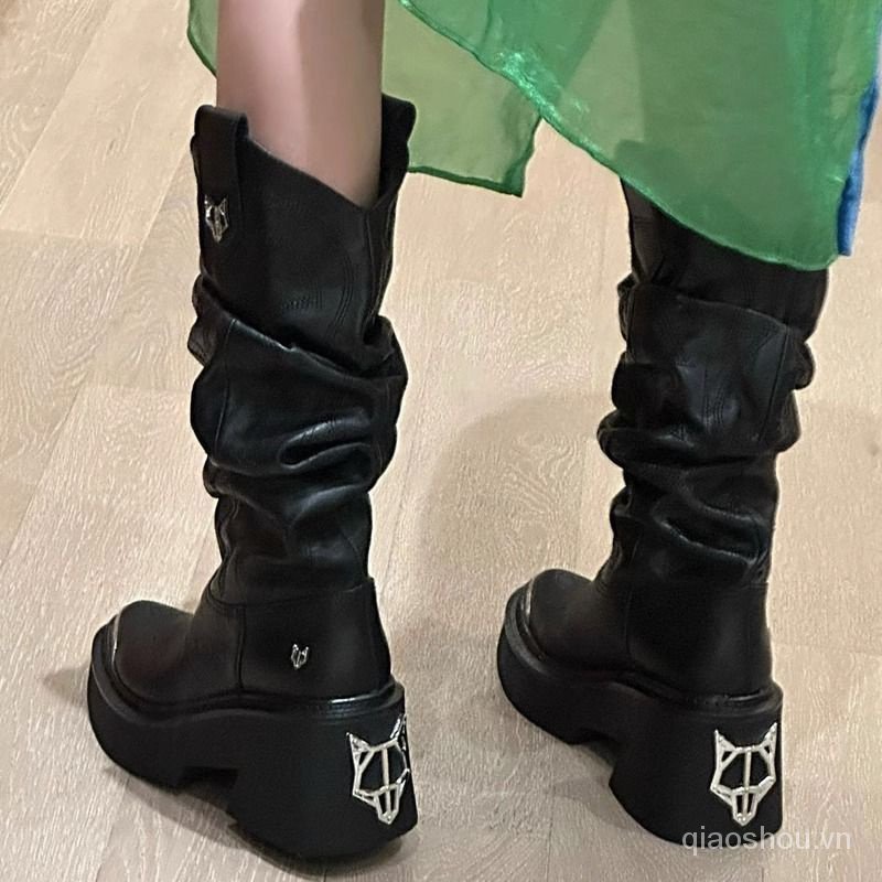 Giày Bốt Cao Bồi Mũi Nhọn Màu Đen Thời Trang Mùa Thu 2023