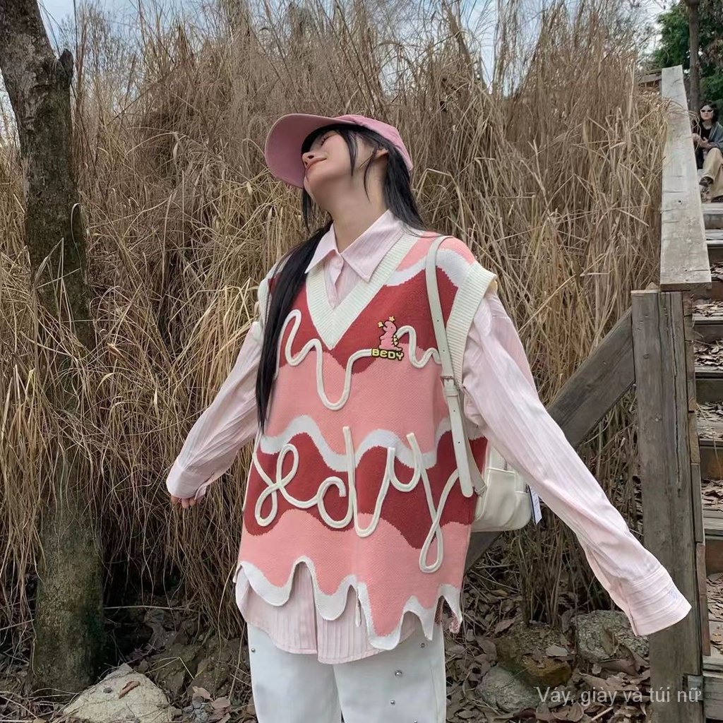 Dopamine Áo sweater Dệt Kim Không Tay Phong Cách Đường Phố Thời Trang Xuân Thu Dành Cho Nữ