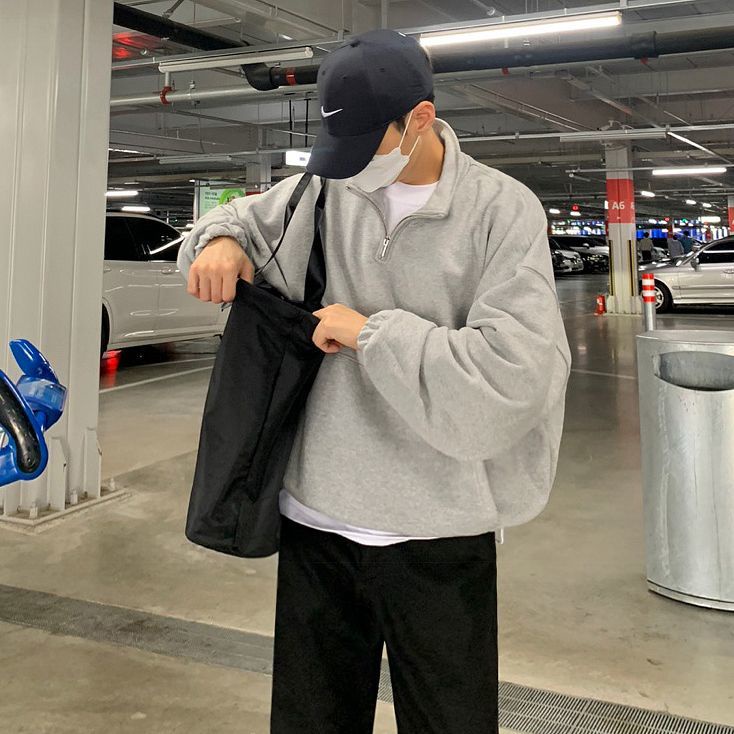 Áo sweater Cổ Cao Tay Dài Dáng Rộng Màu Trơn Có Khóa Kéo Phong Cách Hàn Quốc Thời Trang Cho Nam zyq168