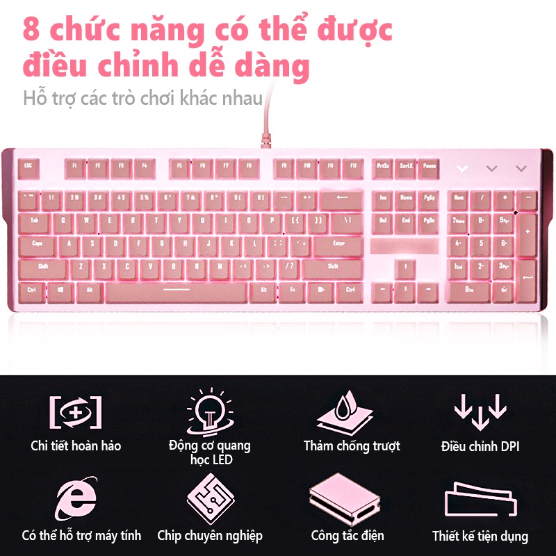 Bàn Phím Cơ Gaming Basic KB1 Luxury Cao Cấp 104 Phím Màu Hồng Có Dây/ Đèn LED Chống Nước Chơi Game Cho Máy Tính/laptop