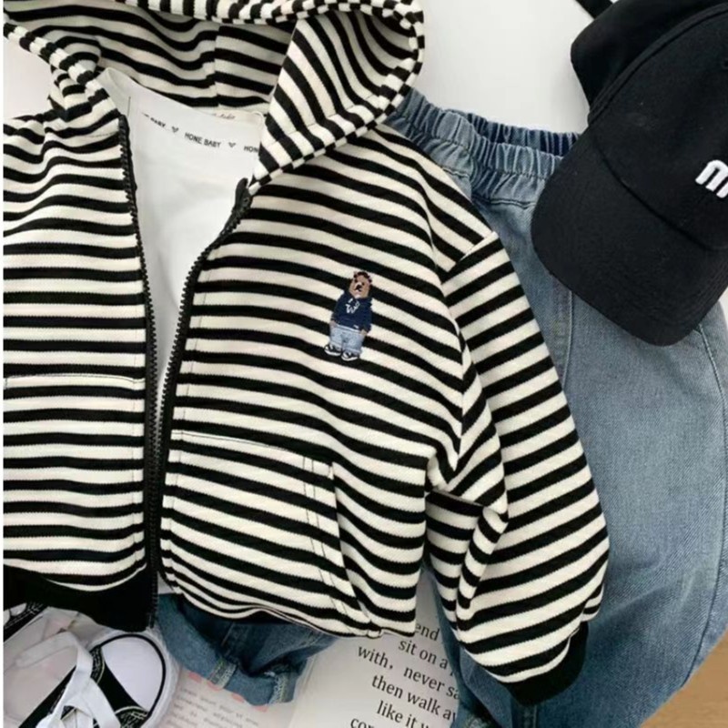 Áo Khoác Có Nón Phối Khóa Kéo Họa Tiết Kẻ Sọc Trắng Đen 80-140cm Phong Cách Hàn Quốc Thời Trang Mùa Thu Cho Bé