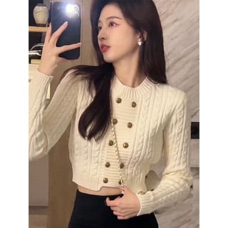 Áo Dệt Kim Tay Dài Dáng Ngắn Màu Trắng Thời Trang Mùa Thu 2023 Quyến Rũ Cho Nữ
