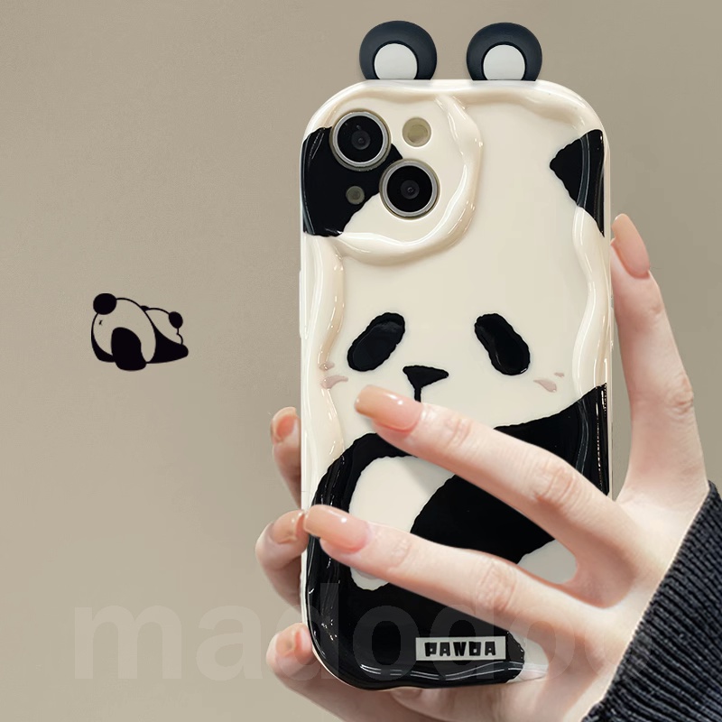 Cute 3D Ear BFF Casing Redmi Note 13 Pro+ 12S 4G 12 Pro Plus 5G 13C 12C A1 A2 11S 11 10C 10 9T 9C 9A POCO X5 Black White simple Cartoon Panda Wavy Cream Edge Full Fine Hole Anti-fall Soft Phone Case NY 54