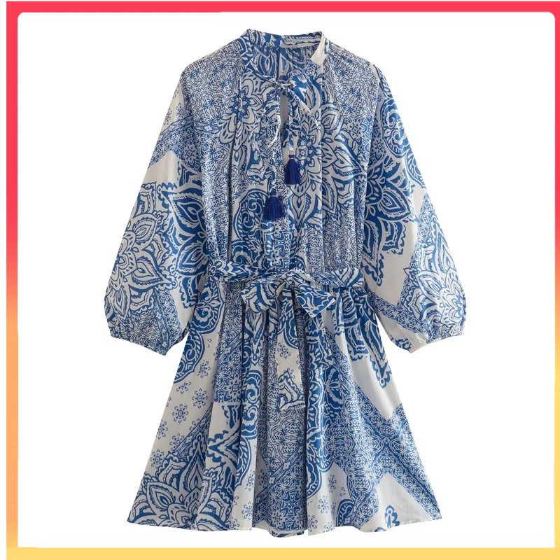Zara Đầm Ngắn Tay Dài Cổ Chữ v In Họa Tiết Phong Cách Âu Mỹ Cho Nữ 9878214 044