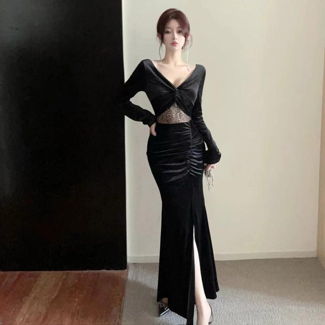 Mqaq Đầm Nhung Tay Dài Phối Ren Thời Trang Thu Đông / Mùa Đông Gợi Cảm