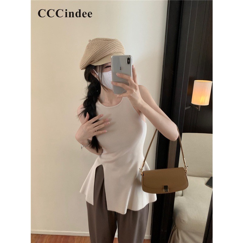 Áo Tank Top Hai Dây Dệt Kim Mỏng Cổ Tròn Xẻ Tà Màu Trơn Thời Trang Mới 2023 Dành Cho Bạn Nữ