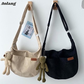 Aolang Túi Xách Đeo Chéo Vải Nhung Kẻ Sọc Ngăn Chứa Rộng Thời Trang Cho Học Sinh