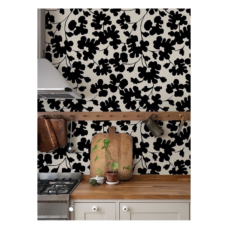 Giấy Dán Tường Họa Tiết Hoa Lá Trắng / Đen Trang Trí Nội Thất