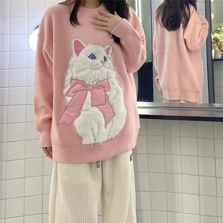 Áo sweater Dày Dặn Ấm Áp Thời Trang Áo Thun Tay Ngắn In Hình Mèo Dễ Thương