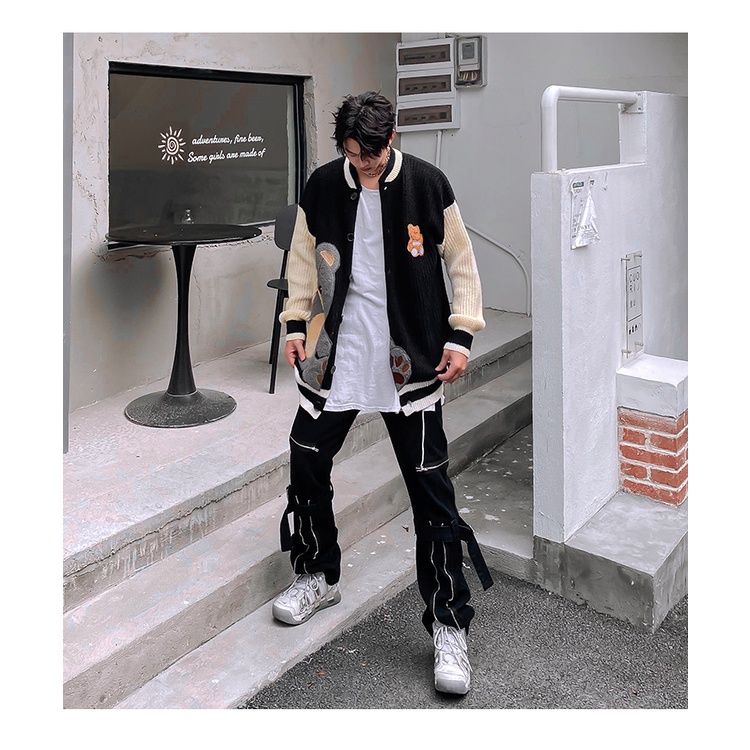 Áo Khoác cardigan Dệt Kim Thêu Họa Tiết Gấu Màu Sắc Tương Phản Thời Trang Thu Đông 2023