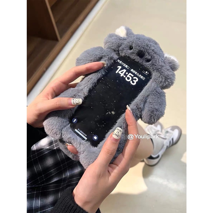 Ốp Điện Thoại Phủ Lông Hình Gấu koala Màu Xám Dễ Thương Thời Trang Thu Đông Cho Iphone14 15Pro max 13 / 12 11