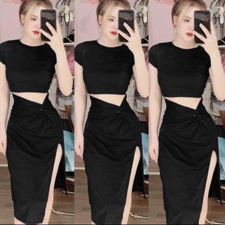 Đầm body tay ngắn hở eo xoắn bên xẻ tà cực sexy , chất thun gân mềm mịn