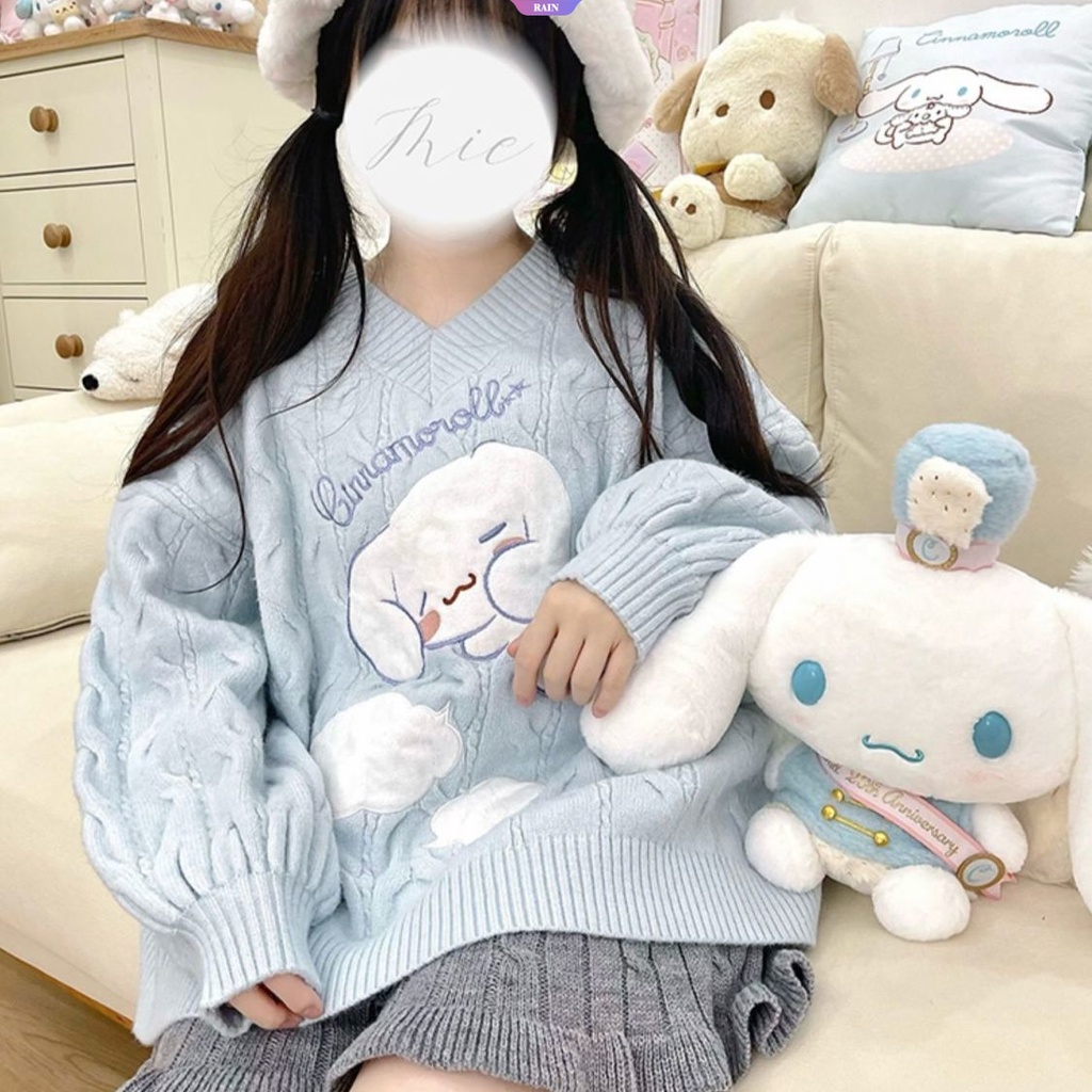 Áo sweater Dệt Kim Tay Dài Dáng Rộng Cổ Chữ v Thêu Hoạt Hình sanrio cinnamoroll Phong Cách Nhật Bản Thời Trang Xuân Thu Cho Nữ y2k