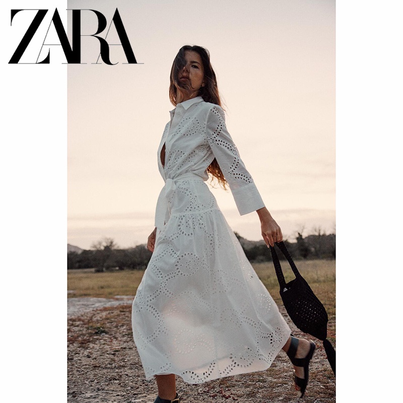 Zara Đầm cotton Dài Trung Bình Thêu Họa Tiết Thời Trang Cho Nữ