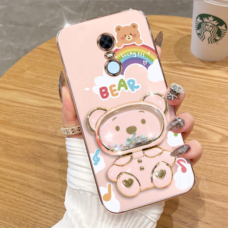 Ốp lưng redmi 5 plus xiaomi redmi note 5 pro Vỏ điện thoại Silicon lỏng Bảo vệ mịn màng Vỏ cản bảo vệ Thiết kế mới Gấu cầu vồng với gương trang điểm Giá đỡ 3d SoftCase