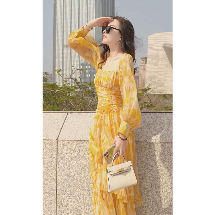 Đầm Dài In Họa Tiết Hoa Vàng Phong Cách Pháp Thời Trang Mùa Xuân Mới 2023