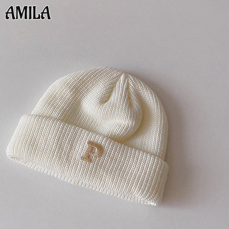 AMILA Mũ beanie Dệt Kim Màu Trơn In Chữ Phong Cách Hàn Quốc Cho Bé Thời Trang