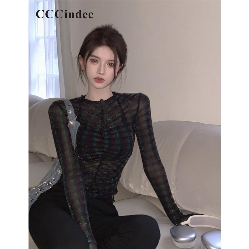 Cccindee Áo Thun Tay Dài Cổ Tròn Phối Lưới Dáng Ôm Thời Trang 2023 Quyến Rũ Dành Cho Nữ