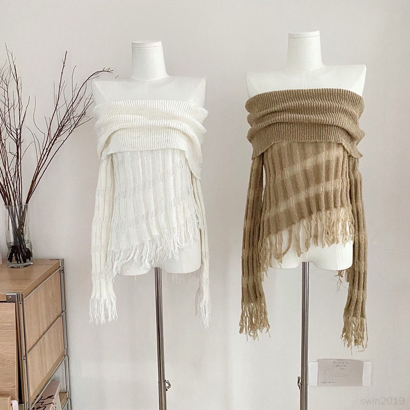 Áo sweater Tay Dài Hở Vai Phối Tua Rua Màu Trơn Giữ Ấm Mùa Thu Cho Nữ