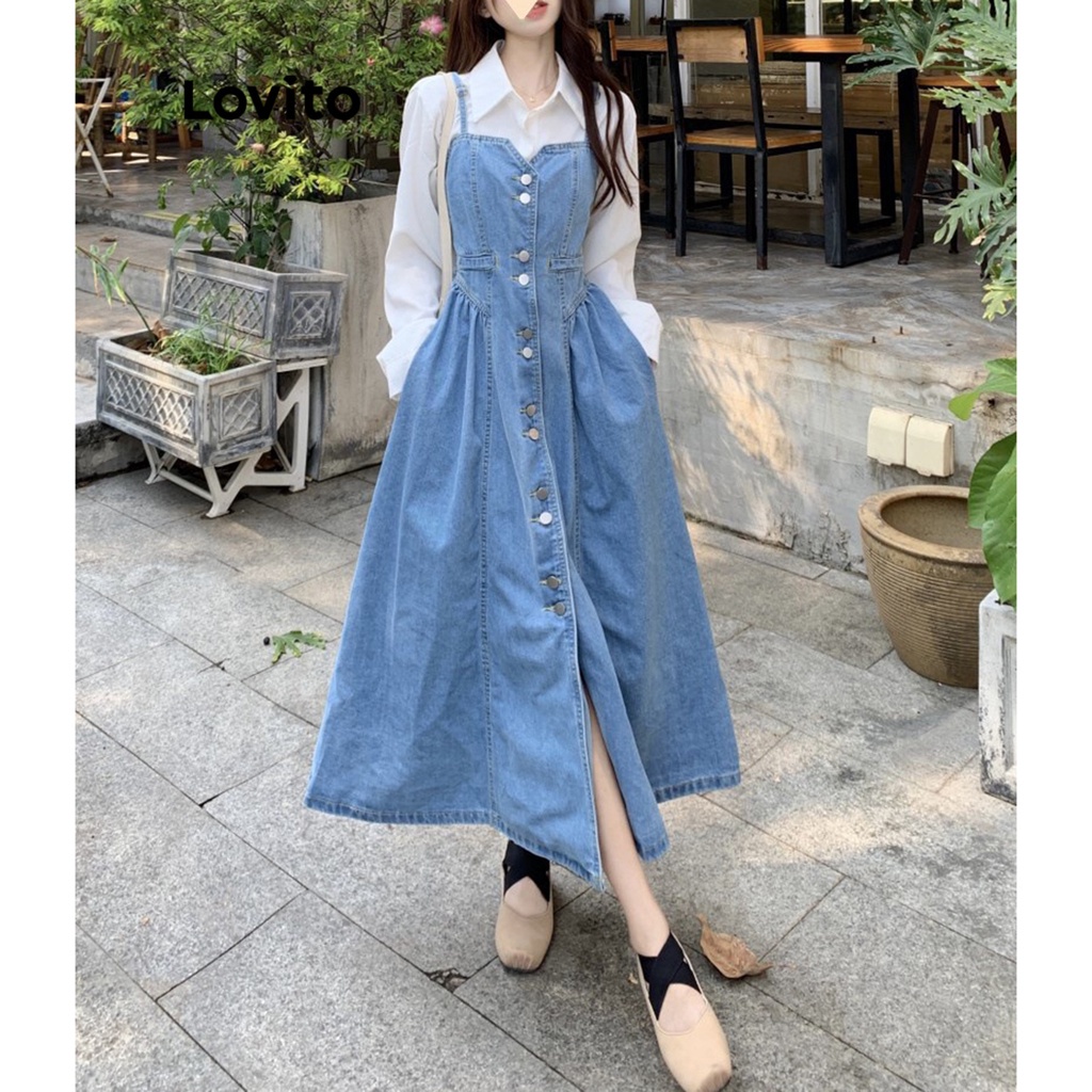 Đầm denim Lovito xếp nếp cài nút trước màu trơn thường ngày cho nữ LNE19134 (Màu xanh dương nhạt)