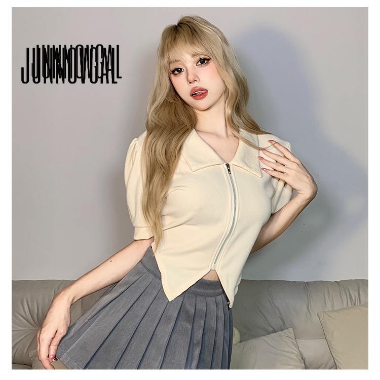 Áo sơ mi kiểu JUNNOVGAL khóa zip mỏng thời trang ngọt ngào mát mẻ 2023 cho nữ