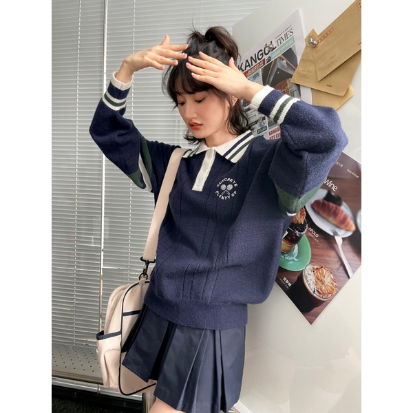 Zwqfp Áo Len Rộng Cổ polo Phong Cách preppy