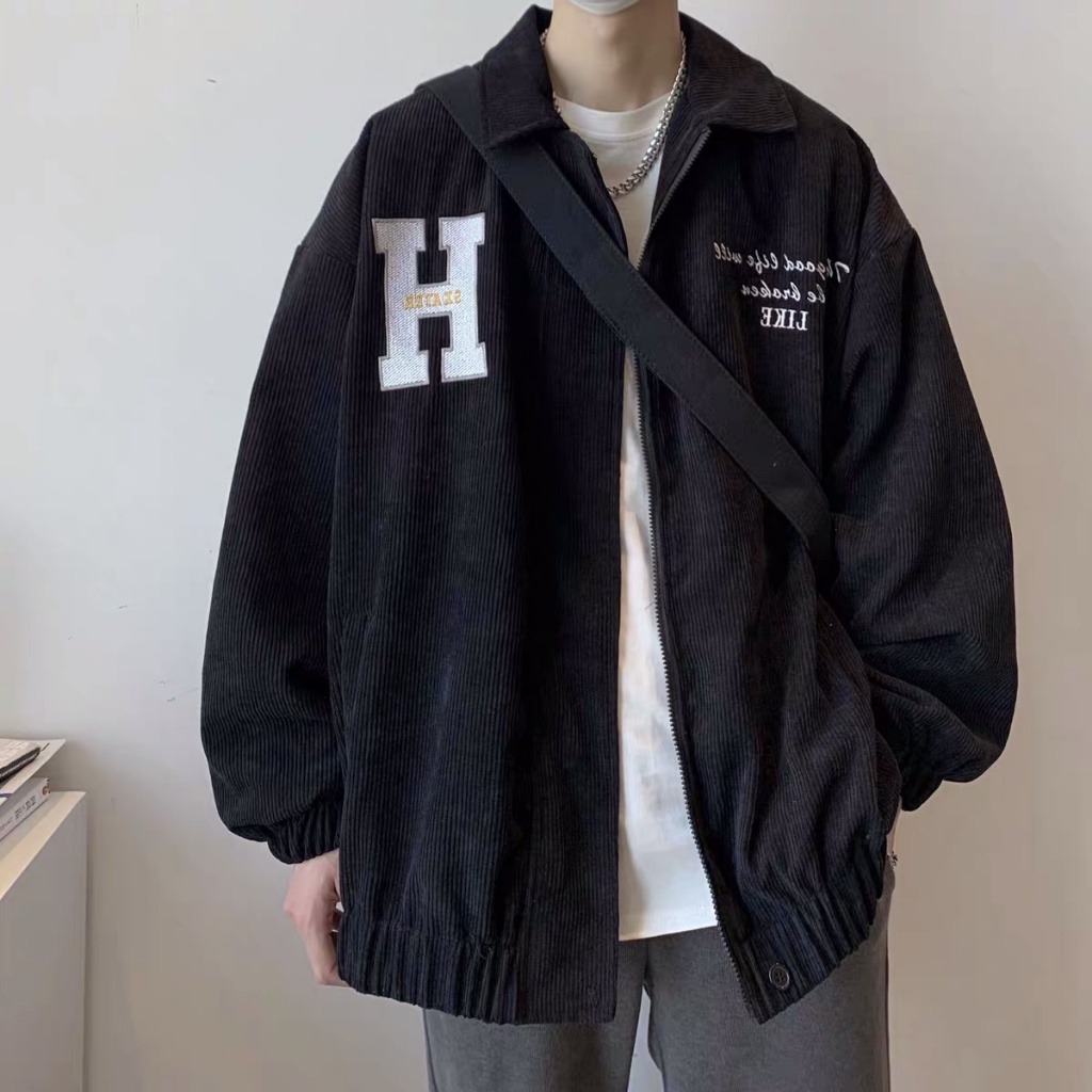 Áo khoác bomber nhung tăm thêu chữ H , phối màu basic đơn giản unisex EB016 Meme