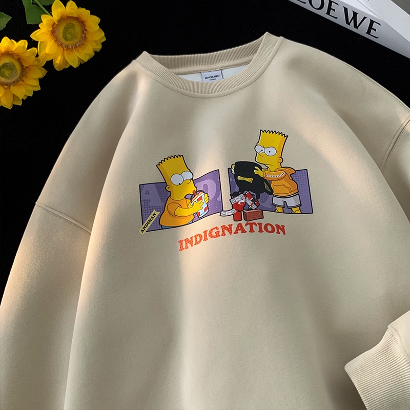 Áo sweater Nhung Dày Cổ Tròn In Hình simpson Hoạt Hình Phong Cách hip hop Mỹ Cho Nam Nữ