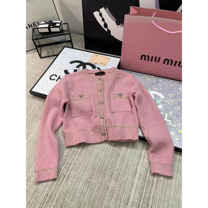 PG5L MIUMIU temperament gold thread love button knitted cardigan for women 2023 early autumn new fashion all-match slimming sweater short coat