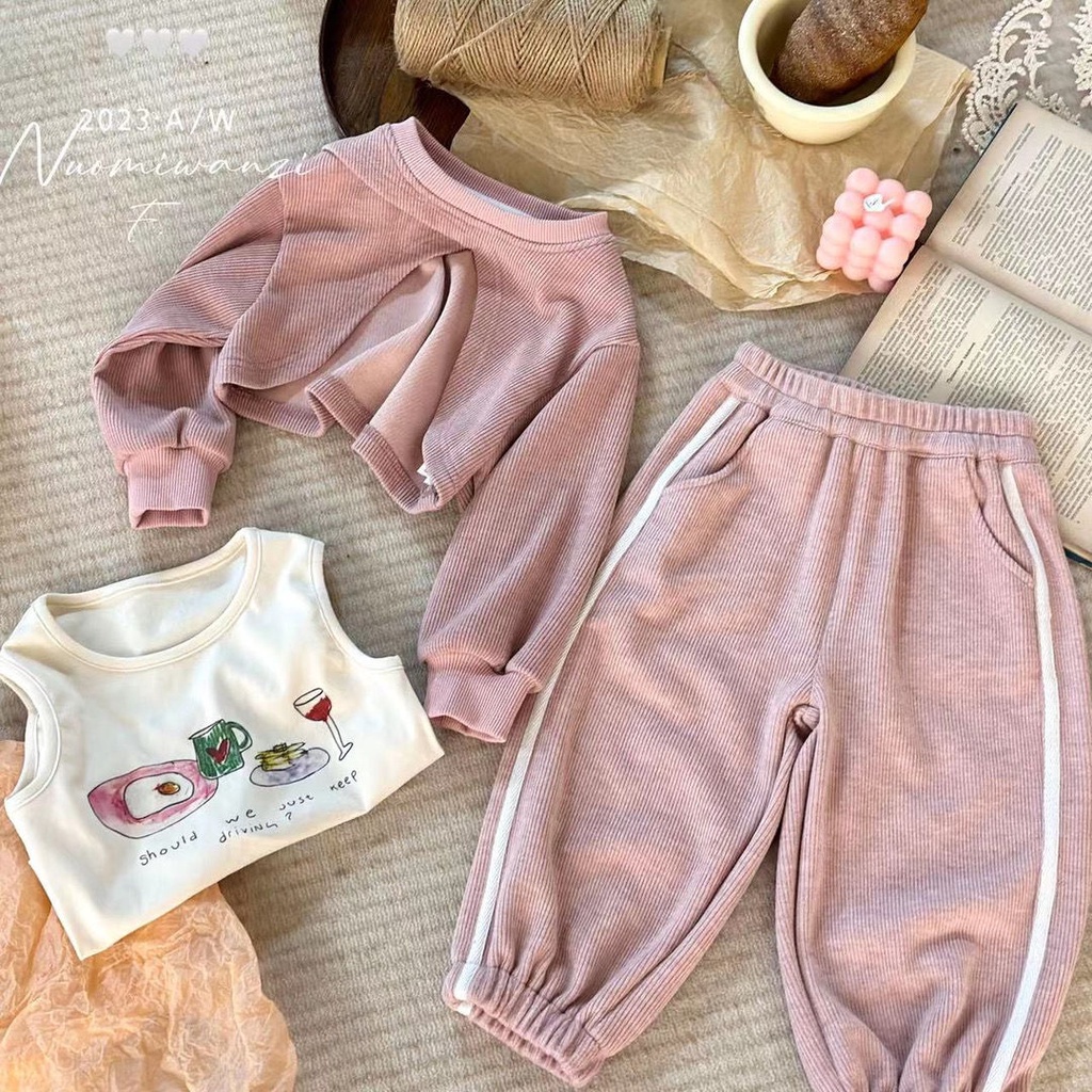 Set Áo Thun Tay Dài + Quần Dài In Họa Tiết Vui Nhộn Thời Trang Mùa Thu Cho Bé Gái