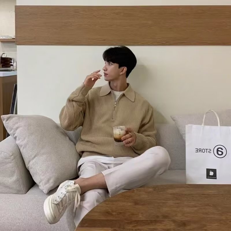 Áo polo Dệt Kim Tay Dài Dáng Rộng Màu Sắc Đơn Giản Thời Trang Thu Đông Cho Nam Giới