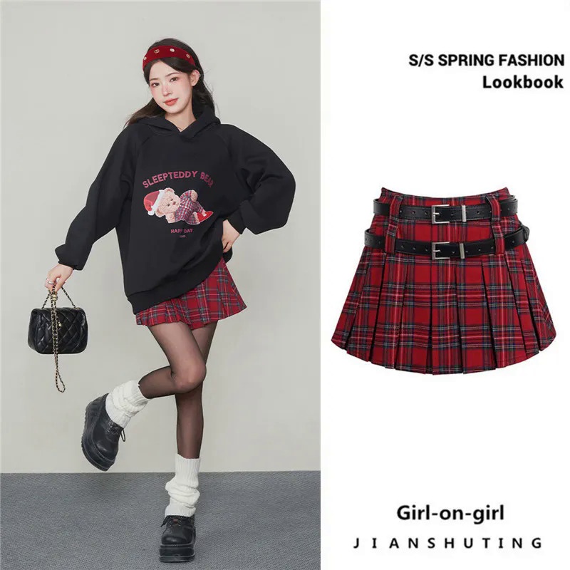 Yimo Chân Váy Ngắn Lưng Cao Xếp Ly Sọc Ca Rô Phong Cách retro Dành Cho Nữ