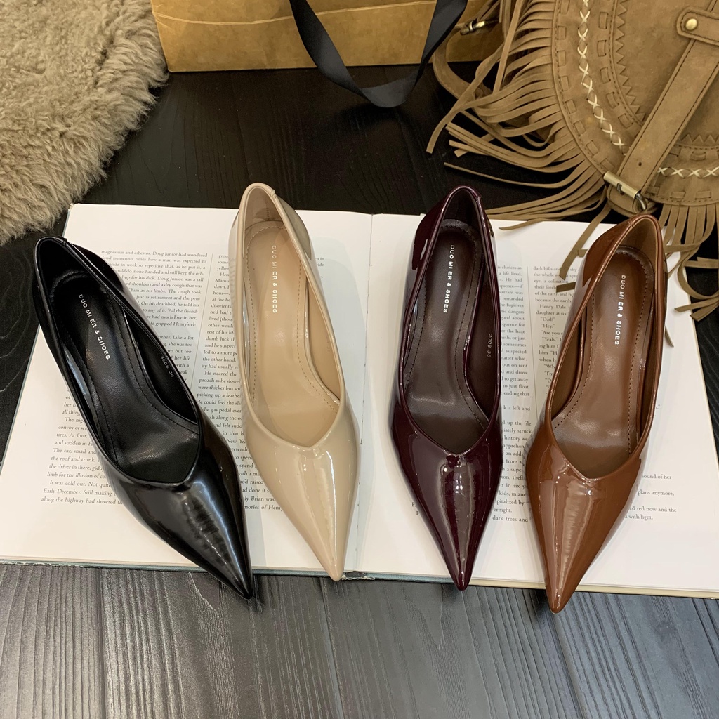 Giày Cao Gót Da Bóng Mũi Nhọn Màu nude Thời Trang Hàn Quốc 2023