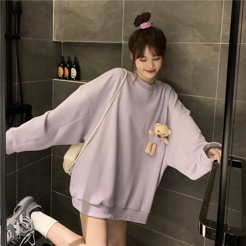 Áo Thun Nỉ Tay Dài In Hình Gấu Thời Trang Mùa Thu 2021 Phong Cách Mới Cho Nữ