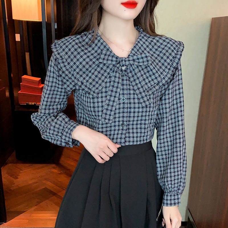 Áo Sơ Mi Tay Dài Cổ Búp Bê Họa Tiết Kẻ Sọc Phong Cách Pháp Thời Trang Mùa Thu 2023 Mới Cho Nữ