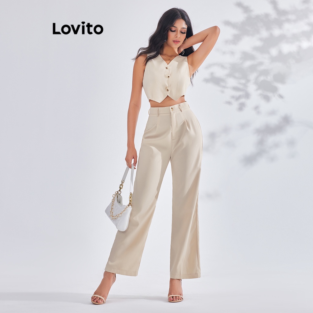 Lovito Bộ Quần Trước Trơn Phối Nút Thanh Lịch Cho Nữ LBE03085 (Quả mơ)