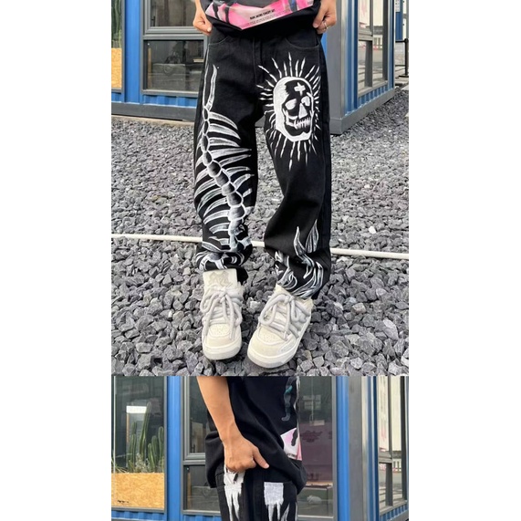 Graffiti Skull Personality Printed Jeans Men and Women New Ins Street Trend Hip Hop Straight Loose Pants GXnC
