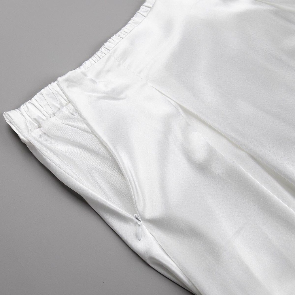 Qooth Nữ Tính Khí Satin Chữ A Váy Mỏng Thanh Lịch Co Giãn Dài Váy Xuân Hè QT2223