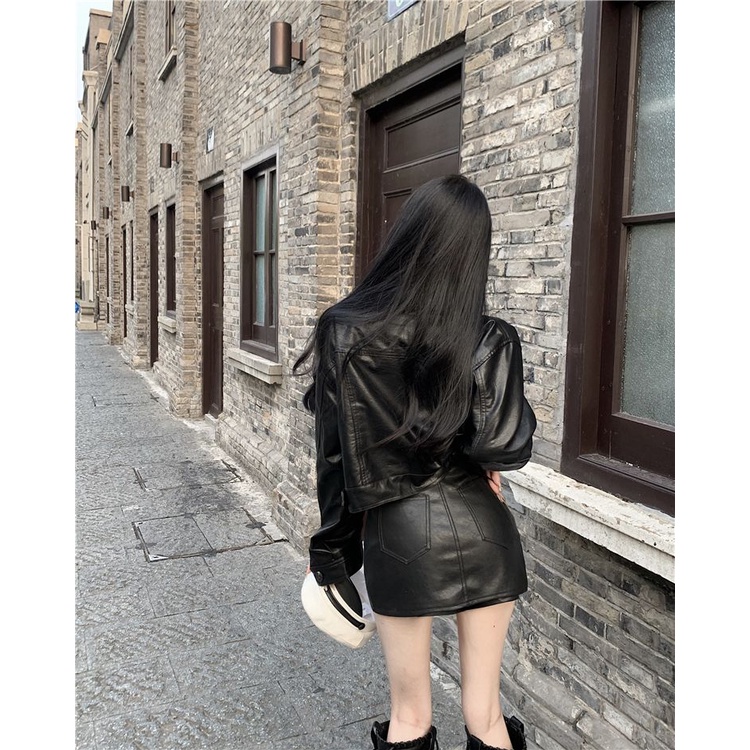 Set Đồ 4 Món Gồm Áo Khoác Ôm Hông Và Chân Váy Ngắn Bằng Da pu Màu Đen Thời Trang Xuân Thu 2023