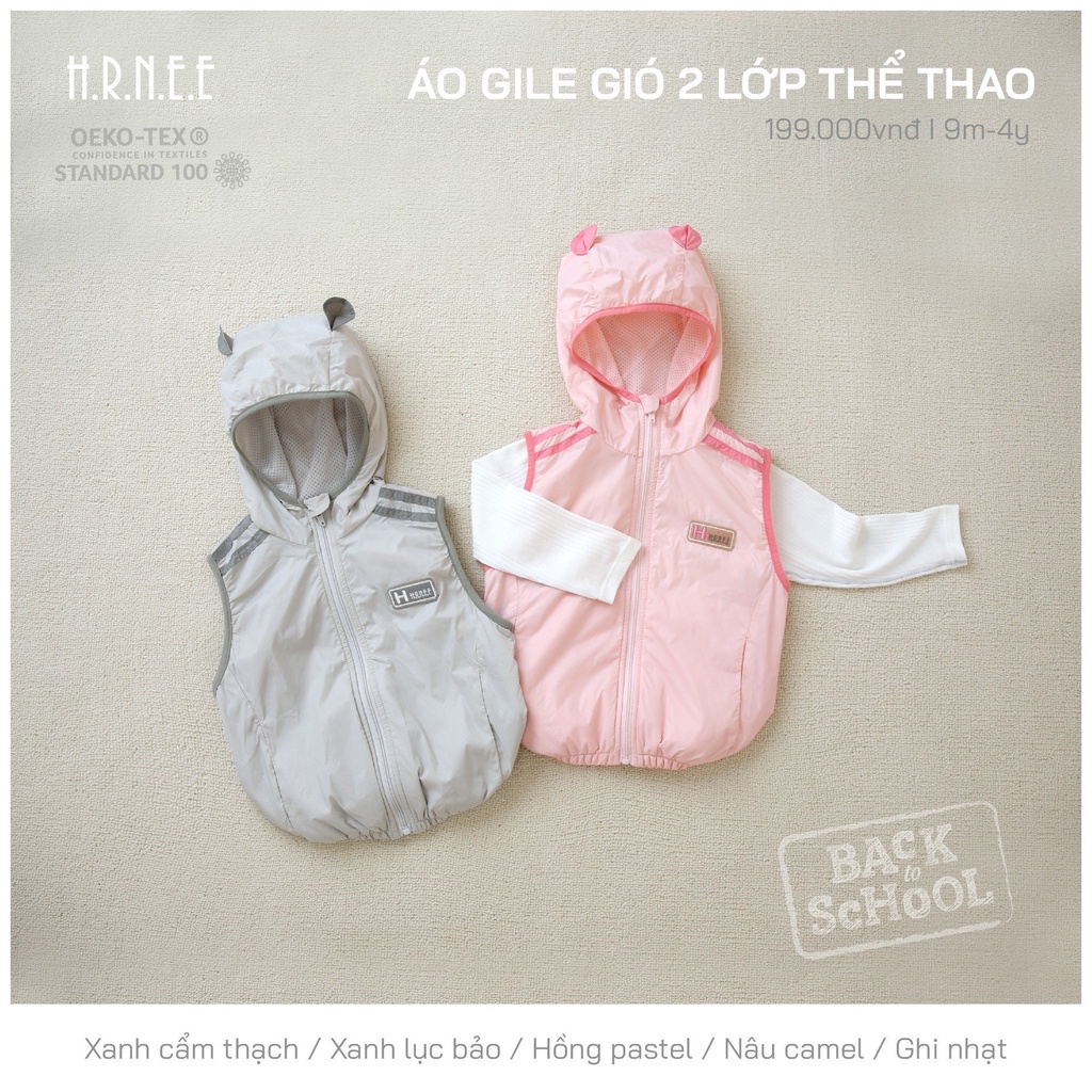 H.R.N.E,E - Áo gile gió 2 lớp có mũ cho bé trai, bé gái từ 6-9m đến 4Y