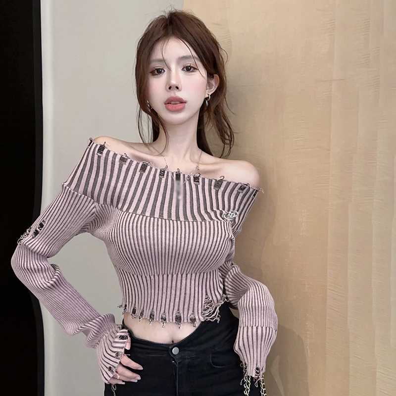 Áo sweater Dệt Kim Tay Dài Thiết Kế Trễ Vai Quyến Rũ