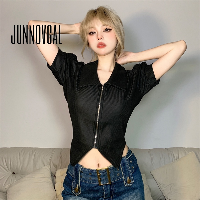 Áo sơ mi kiểu JUNNOVGAL khóa zip mỏng thời trang ngọt ngào mát mẻ 2023 cho nữ