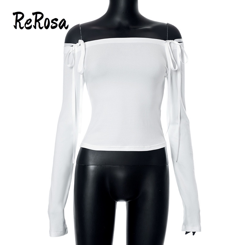 Rerosa Áo Thun Croptop Tay Dài Màu Trơn Dáng Ôm Hở Vai Thời Trang 2023 Cho Nữ