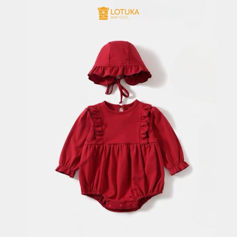 Body chip đỏ kèm mũ LOTUKA, Bodysuit phong cách tiểu thư cho các bé gái chất mềm cotton mại size 3-12kg