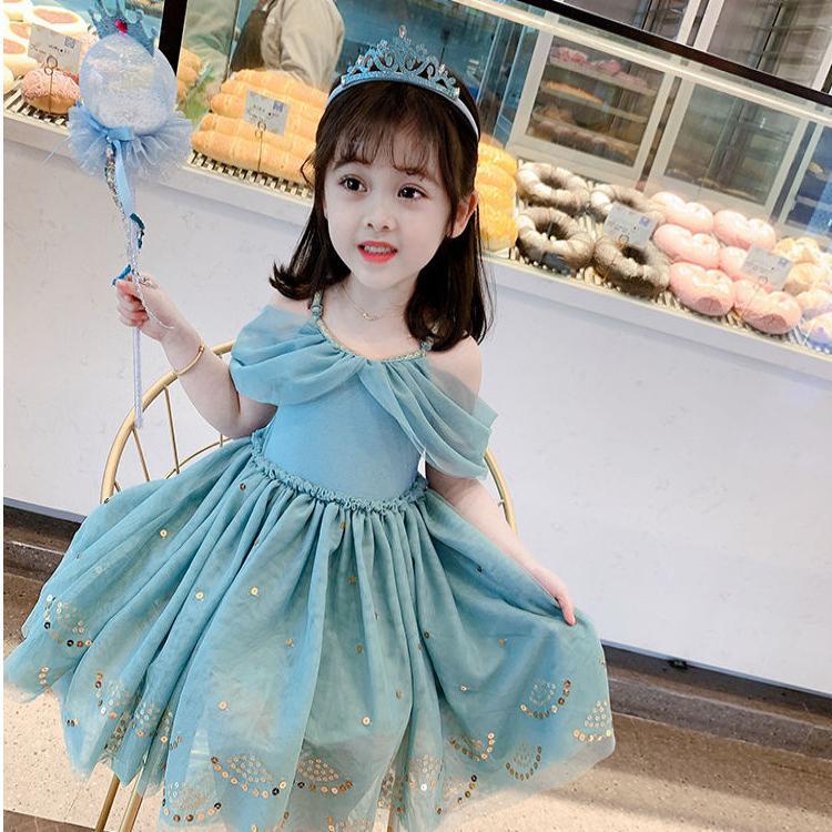 Đầm Công Chúa Trễ Vai Phối Lưới Xinh Xắn Cho Bé Gái