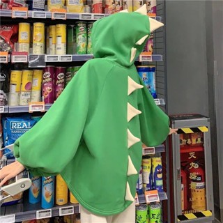 Áo Hoodie Dáng Rộng Màu Trơn In Hình Khủng Long Nhỏ Phong Cách Hàn Quốc Cho Nữ Màu