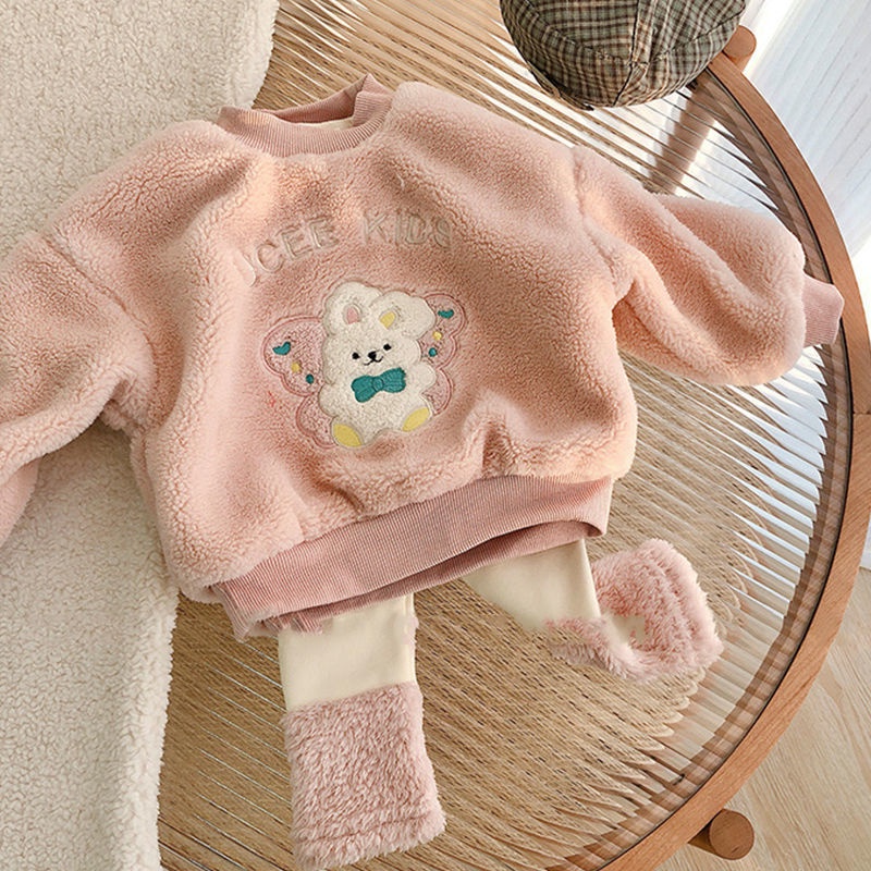 Bộ Đồ Hai Mảnh Lót Nhung Lông Cừu Dày Dặn Dễ Thương Thời Trang Thu Đông 2021 Cho Bé Trai Và Bé Gái